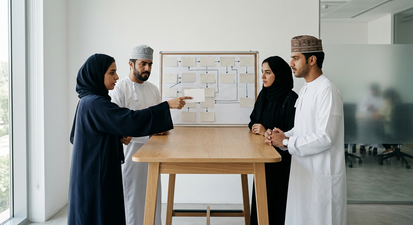 Two teams of professionals working through a simulation game at round tables